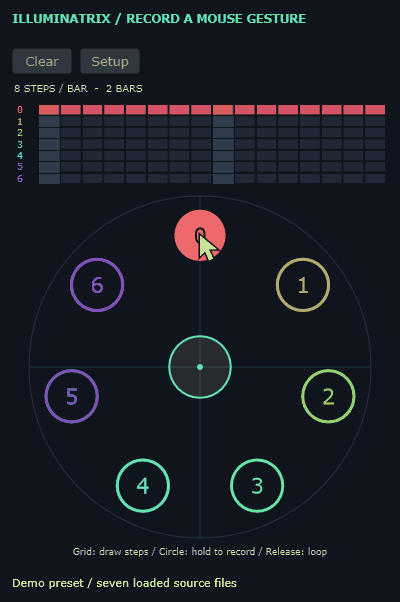 Mouse dragging around Illuminatrix records a multicoloured file sequence and a circular trajectory, then releases to replay it