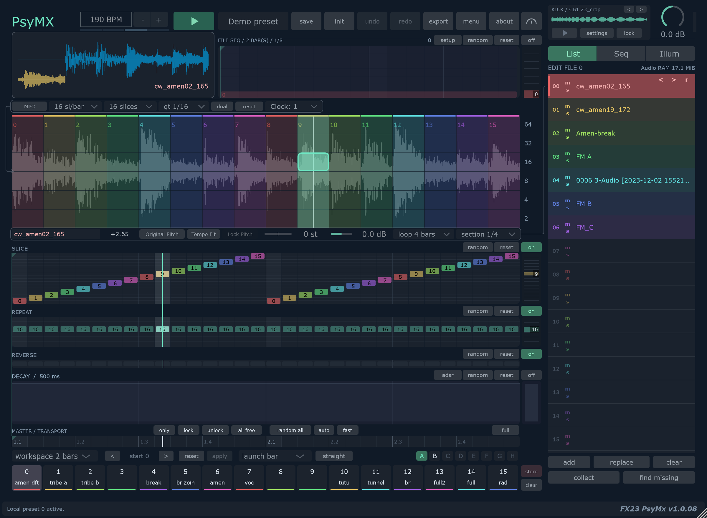 PsyMX workspace showing the slice matrix, separate lanes, file list and local memories