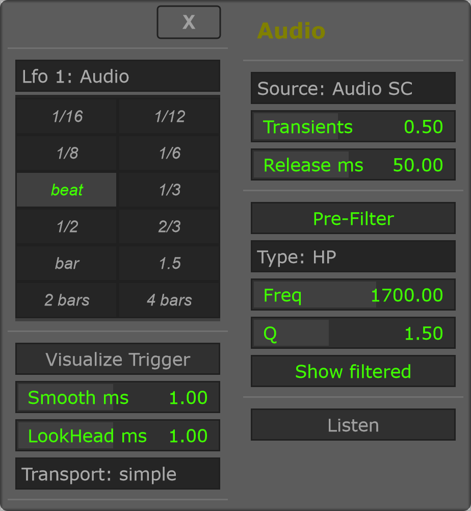 Lfo 1 options in Audio mode, including the detector and pre-filter.