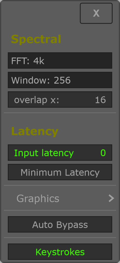 Setup menu: spectral, latency and host controls.