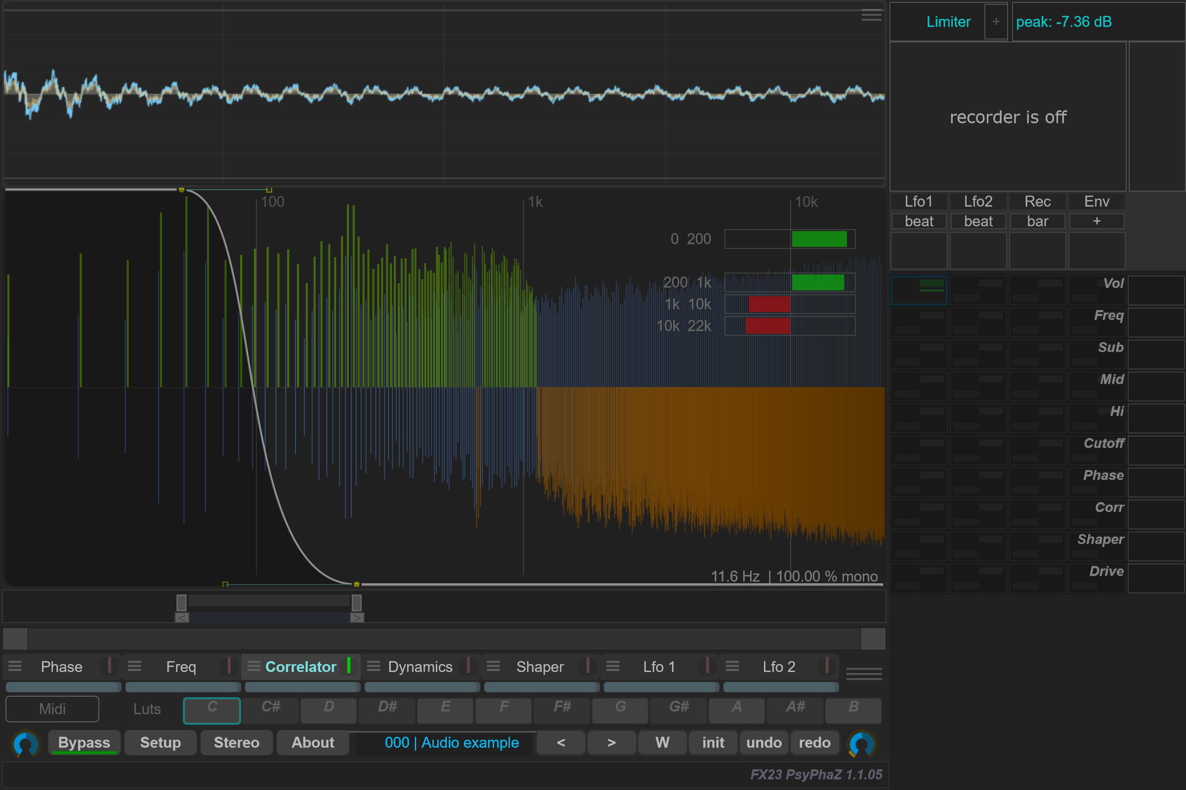 Correlator page with stereo audio and native positive/negative correlation bins.