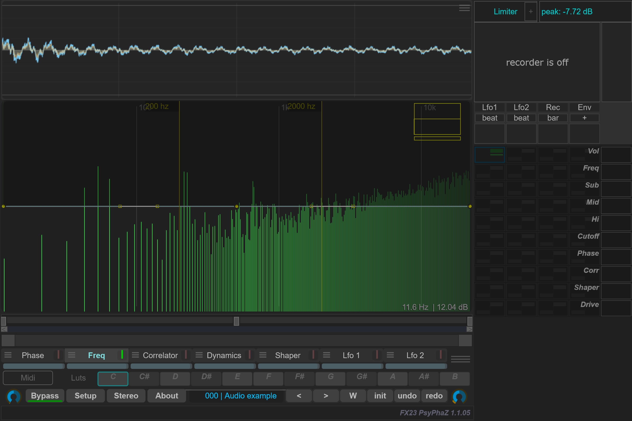 Freq page with audio in the scope and native spectrum bins behind the flat gain curve.