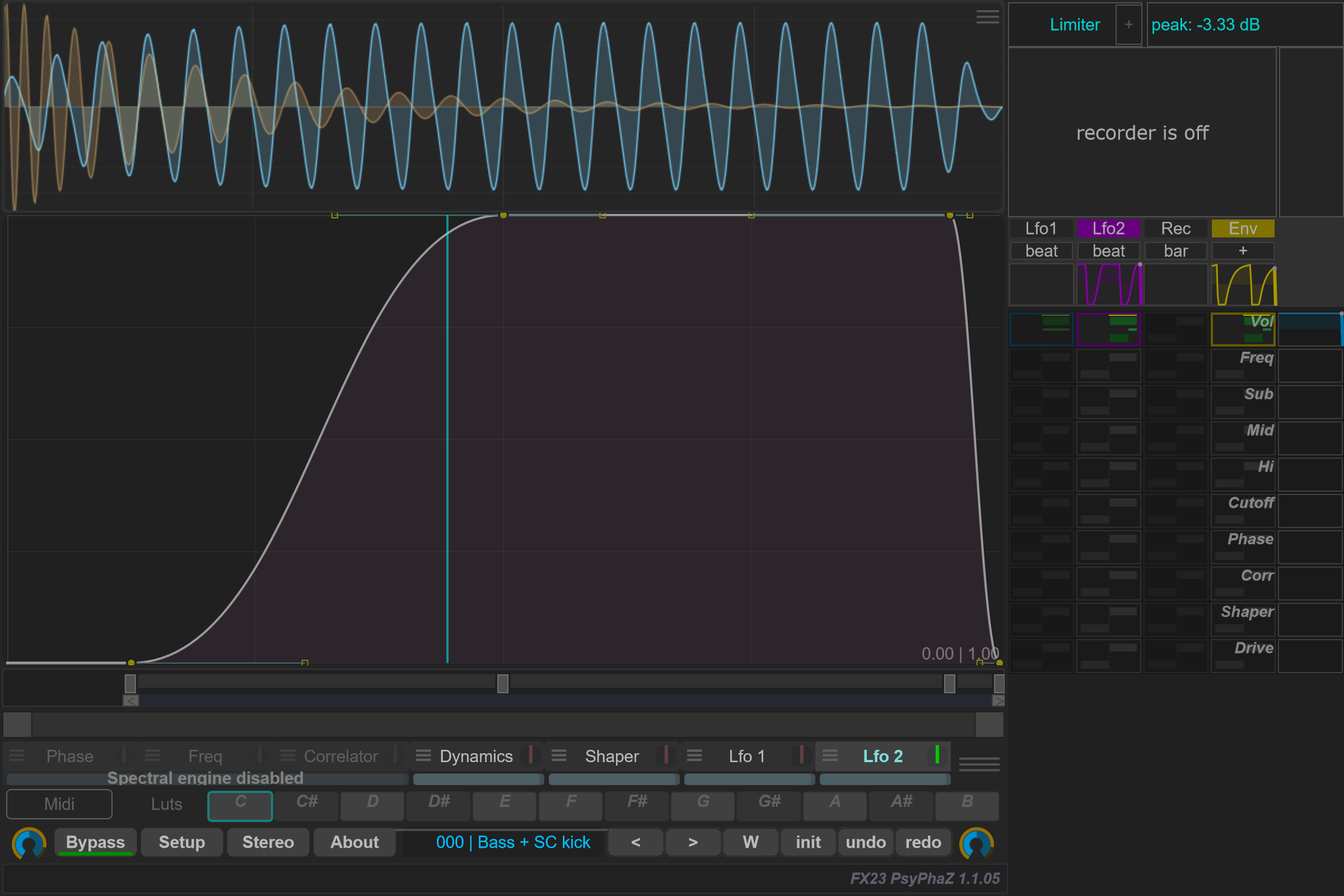 Lfo 2 selected, with a bass in blue and a sidechain kick in orange. Env follows the kick and is enabled and routed to Vol in the matrix.