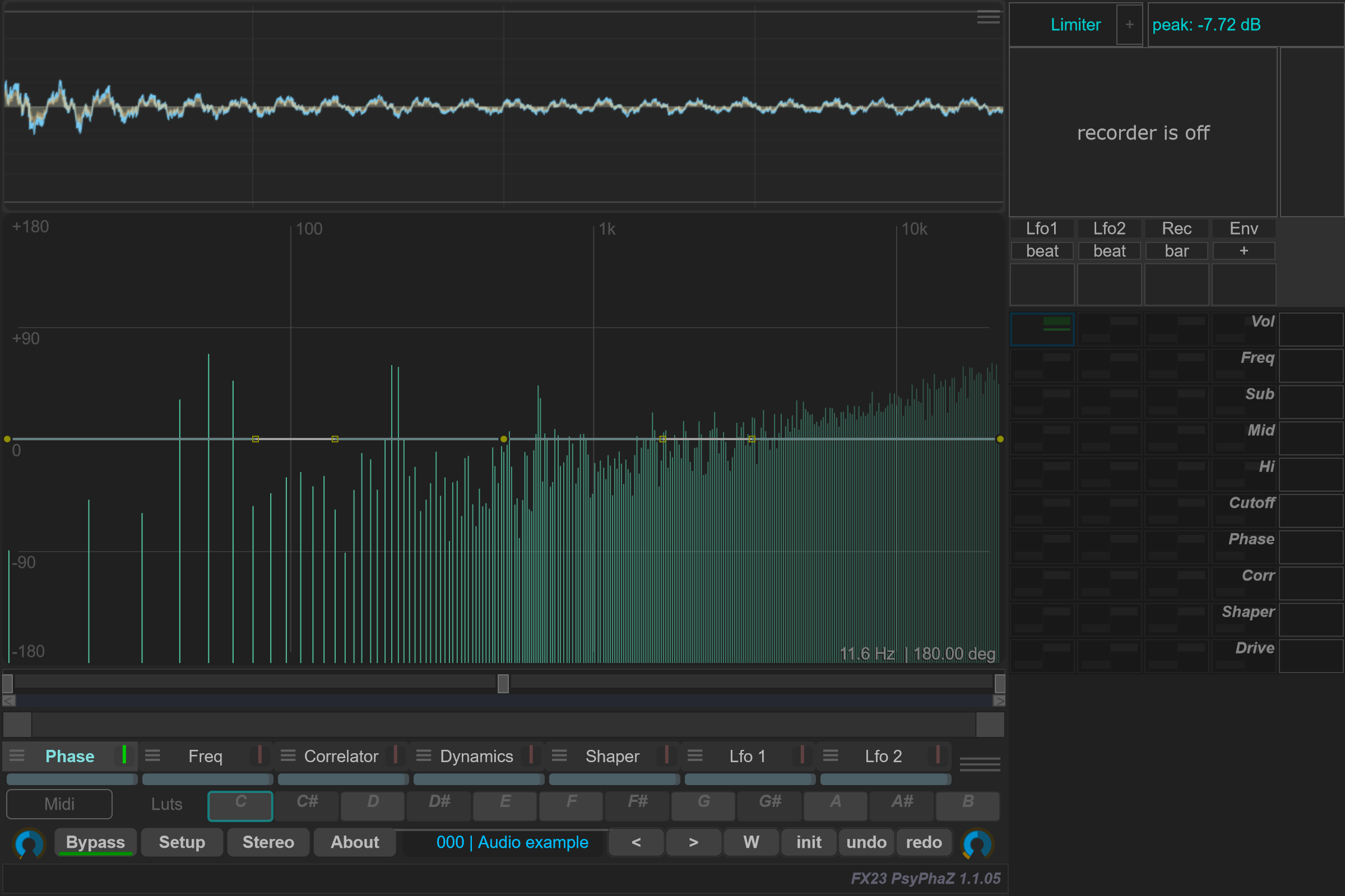 Phase page with audio in the scope and native spectrum bins behind the flat phase curve.