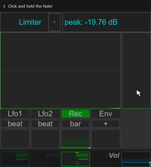 Animated demonstration: click and hold the Recorder fader, drag vertically to record, then release to replay the gesture.